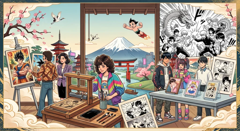 Illustration décorative de La Galerie du Manga représentant un atelier d'art japonais traditionnel avec des artistes, des planches de manga et le Mont Fuji en arrière-plan.