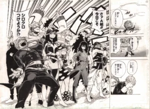 Fukusei genga officiel My Hero Academia par Shueisha montrant Neito Monoma et la Classe 1-B défiant la Classe A.