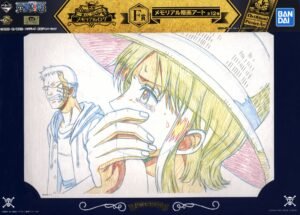 Vue d'ensemble du Memorial Genga art d'animation de Nami en larmes dans son passe-partout de présentation Ichiban Kuji Memorial Log.