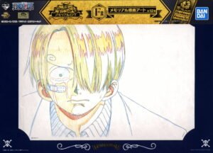 Vue d'ensemble du fukusei genga de Sanji pleurant au Baratie, encadré par le design commémoratif de l'Ichiban Kuji One Piece Memorial Log.