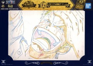 Gros plan sur le fukusei genga officiel One Piece détaillant les traits de crayon et les larmes de Roronoa Zoro