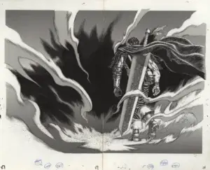 Genga officiel de Berserk représentant Guts de dos avec la Dragon Slayer, dessiné par Kentaro Miura.