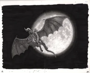 Vue d'ensemble du fukusei genga officiel de Berserk intitulé L'éveil de la princesse endormie, illustrant Griffith et Zodd volant devant une lune géante.