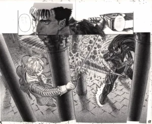 Vue d'ensemble d'un fukusei genga officiel Berserk au format double page illustrant Guts détruisant un pilier face à Farnèse.