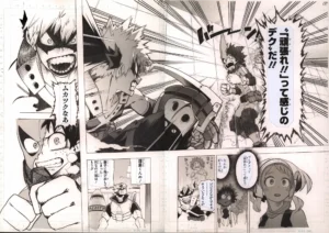 Vue d'ensemble de la planche manuscrite officielle B4 My Hero Academia illustrant le combat entre Deku et Bakugo par Kohei Horikoshi.