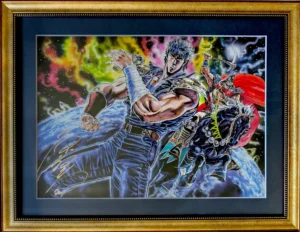 Estampe officiel Hokuto no Ken encadré mettant en scène Kenshiro et Raoh, sublimé par la signature manuscrite dorée de Tetsuo Hara.