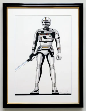 Estampe officielle encadrée de X-OR (Space Sheriff Gavan) tenant son épée, illustrant le design mécanique détaillé de Katsushi Murakami.