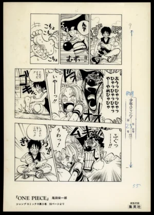ne planche de manga originale japonaise (Fukusei Genga) de One Piece par Eiichiro Oda. La page, numérisée en haute définition avec des annotations d'édition au crayon bleu et des repères de production, montre une scène humoristique et dynamique en noir et blanc. Elle se compose de neuf cases mettant en scène Monkey D. Luffy, Nami et Baggy le Clown. Luffy est assis et retient fermement le pied détaché de Baggy, qu'il commence à chatouiller, provoquant des expressions faciales exagérées et terrifiées de Baggy. Nami est également présente et surprise. La planche contient des bulles de dialogue et des onomatopées japonaises originales en noir et blanc. Un tampon de l'éditeur Shueisha est visible en bas de la page, ainsi que le texte japonais indiquant 'ONE PIECE', le nom d'Eiichiro Oda, et la référence à la page 55 du Tome 3