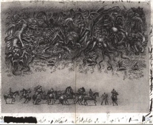 Vue d'ensemble du fukusei genga officiel de Berserk illustrant la scène de l'Éclipse sur une double planche par Kentaro Miura.