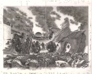 Vue d'ensemble du fukusei genga officiel de Berserk, Le vent du cri de guerre, montrant Griffith, Zodd et Grunbeld sur une double planche de Kentaro Miura.