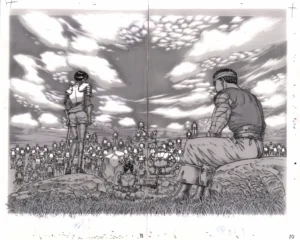 Vue d'ensemble d'un fukusei genga officiel Berserk au format double page illustrant Guts, Casca et la Troupe du Faucon au repos.