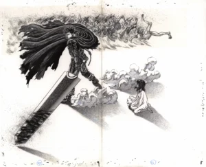 Vue d'ensemble du fukusei genga officiel Berserk illustrant la scène Seikan avec Guts et Casca par Kentaro Miura.