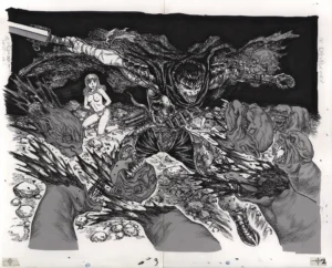 Vue globale du fukusei genga officiel Berserk montrant Guts terrassant des créatures démoniaques devant Farnèse.