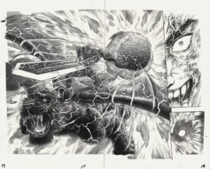 Vue d'ensemble du fukusei genga officiel de Berserk, set de deux planches illustrant l'attaque combinée de Guts et Zodd par Kentaro Miura.