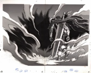 Vue d'ensemble du fukusei genga officiel Berserk illustrant Guts de dos avec l'épée Dragonslayer au milieu des flammes.