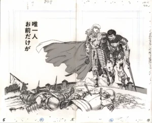 Vue d'ensemble du fukusei genga officiel Berserk dévoilant Guts et Griffith marchant victorieux côte à côte.
