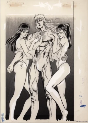 Fukusei genga officiel Hokuto no Ken au format A4 illustrant Shin (KING) dans une posture statutaire avec ses courtisanes, édité par Chara-Art.