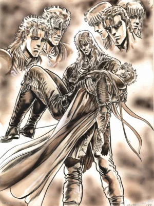 genga officiel Hokuto no Ken format L édité par Chara-Art illustrant la scène de Toki portant Ryuga en lithographie haute définition.