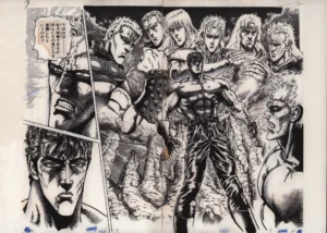 Fukusei genga officiel Hokuto no Ken au format double page illustrant Kenshiro face à Raoh lors de l'éveil de l'ultime technique Musou Tensei, entouré par l'aura de ses rivaux défunts.