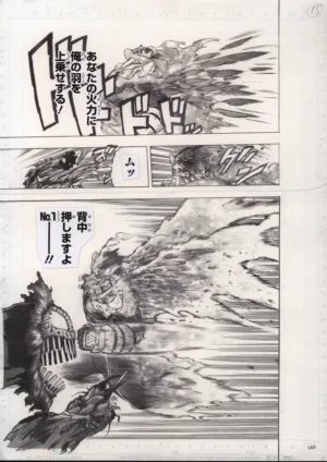 Set officiel de 2 genga My Hero Academia par Shueisha - première planche page 142 montrant Endeavor et Hawks en pleine réflexion tactique.