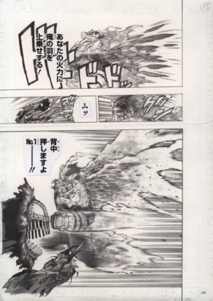 Set officiel de 2 genga My Hero Academia par Shueisha - première planche page 142 montrant Endeavor et Hawks en pleine réflexion tactique.
