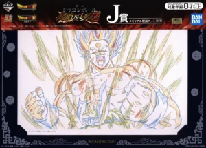 Planche de memorial Genga montrant Son Goku Super Saiyan hurlant avec son aura, incluant les traits de construction d'animation originaux colorés.