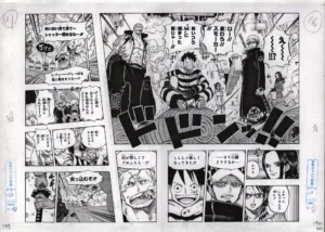 Vue complète du fukusei genga One Piece officiel illustrant Luffy, Trafalgar Law et Smoker capturés sur Punk Hazard.