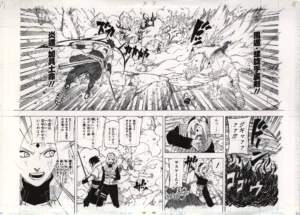 Fukusei genga officiel double page A3 de Naruto illustrant la réunion de l'Équipe 7 lors de la guerre ninja.