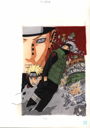 Illustration officielle couleur au format Fukusei Genga montrant Naruto et Kakashi face à la menace de Pain, dessinée par Masashi Kishimoto.