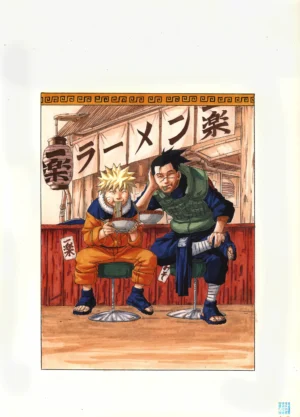 Fukusei Genga officiel couleur Naruto et Iruka mangeant des ramen chez Ichiraku par Masashi Kishimoto, vue de face.