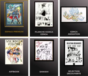 présentation des 6 catégories de produits en vente à la galerie du manga