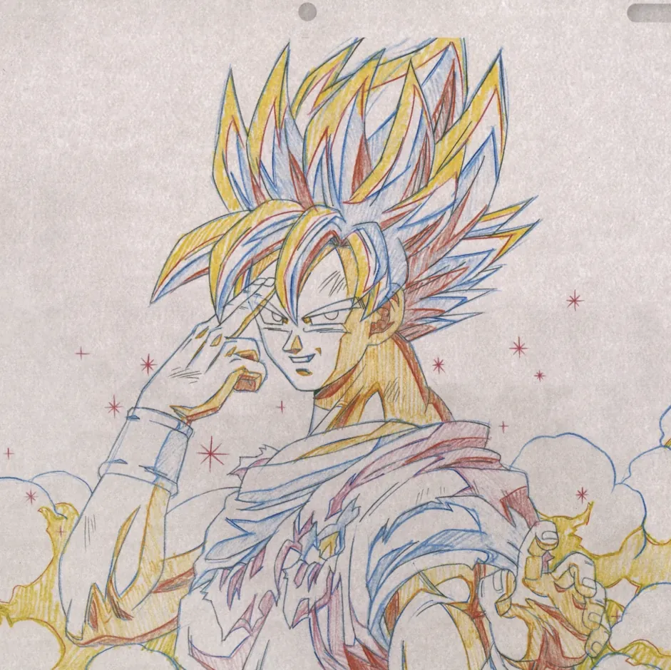 Feuillet colorisé du fac-similé illustrant Super Saiyan Goku exécutant la technique du déplacement instantané.