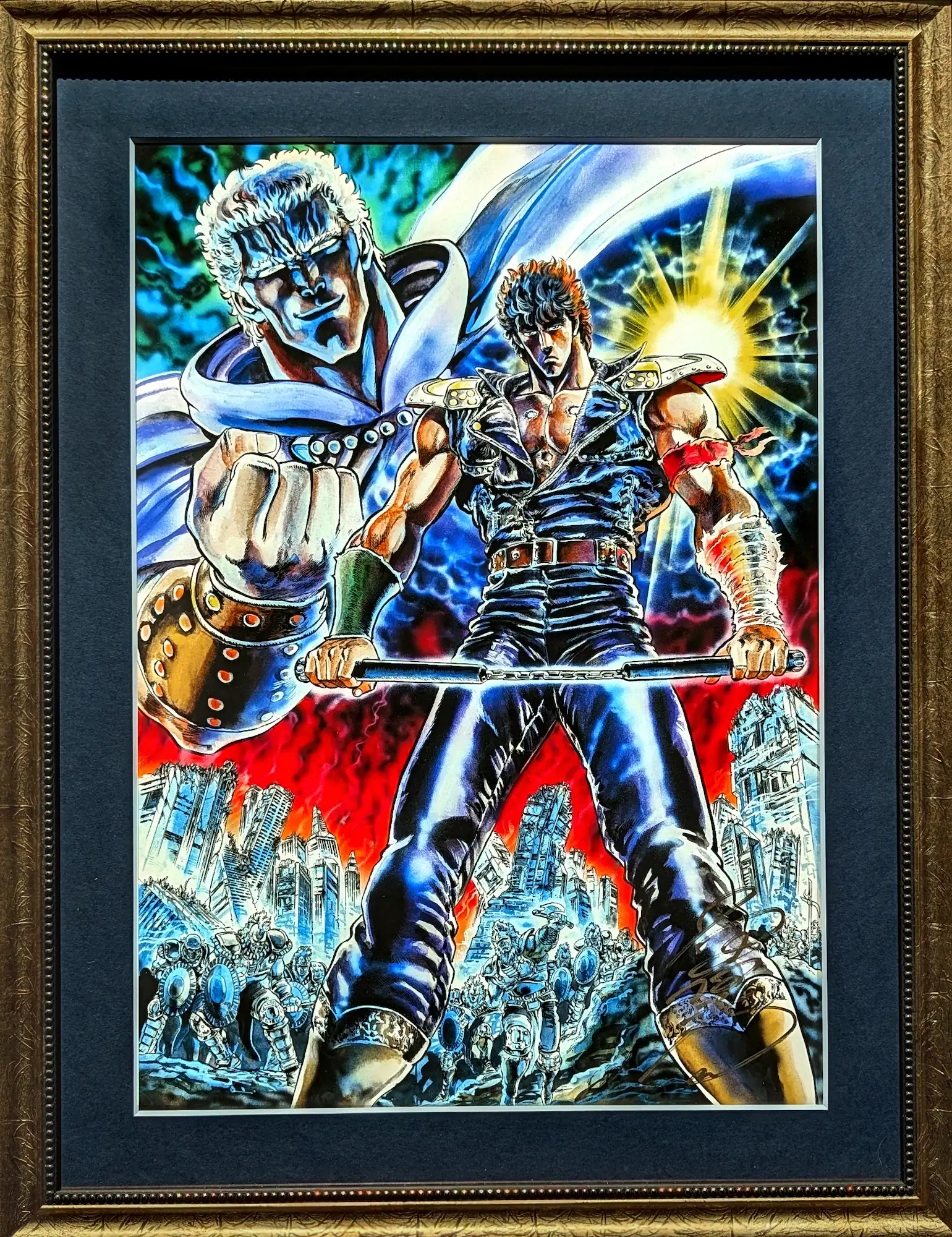 Vue d'ensemble encadrée de la giclée officielle Hokuto no Ken illustrant Kenshiro et l'imposant Raoh. la signature manuscrite à l'encre dorée de tetsuo Hara est visible