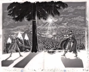 Vue d'ensemble du fukusei genga officiel Berserk illustrant le duel décisif sous la neige entre Guts et Griffith.