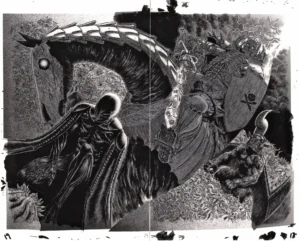 Vue d'ensemble du fukusei genga officiel Berserk illustrant la confrontation entre le Skull Knight, Femto et Zodd.