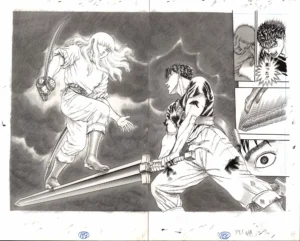 Vue d'ensemble de la double page du fukusei genga officiel Berserk illustrant l'instant où Guts abat son épée face à Griffith.
