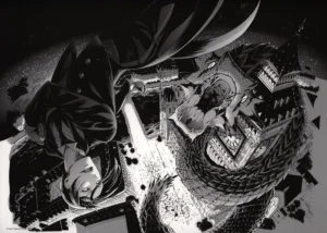 Vue d'ensemble du Fukusei Genga Black Butler officiel montrant Sebastian Michaelis et un serpent géant chutant au-dessus de Big Ben.