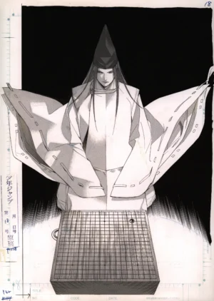 Planche intégrale du fac-similé officiel B4 de Hikaru no Go mettant en scène Fujiwara no Sai face au goban, illustrée par Takeshi Obata.