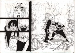 Fukusei genga officiel double page de Naruto illustrant la scène tragique entre Kakashi, Rin et Obito, par Masashi Kishimoto.