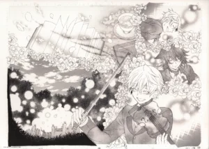 Planche intégrale du fukusei genga Pandora Hearts illustrant Oz jouant du violon entouré de roses et de souvenirs.