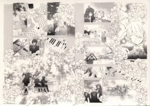 Double planche intégrale du fac-similé officiel Pandora Hearts illustrant une scène musicale avec Oz, Gilbert, Vincent et Alice.