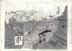Fukusei genga officiel double page de Naruto contemplant le village de Konoha, illustré par Masashi Kishimoto.