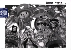 Vue globale du fukusei genga officiel de One Piece, illustrant la page de titre du chapitre 405 avec Chopperman et l'équipage.