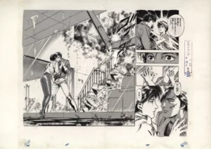 Planche complète fukusei genga City Hunter illustrant une scène d'action et d'émotion intense entre Ryo et Kaori.