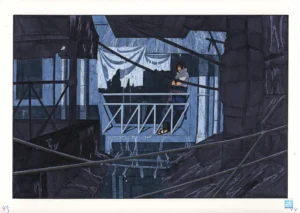 Vue d'ensemble du fukusei genga officiel Naruto illustrant Sasuke Uchiwa accoudé dans les ténèbres architecturales du repaire d'Orochimaru.