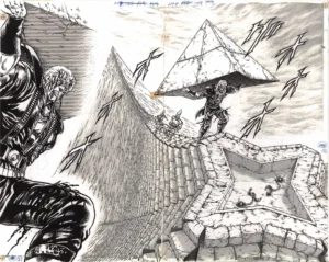 Planche complète du fukusei genga hokuto ken officiel illustrant Shu portant le sommet de la pyramide du Mausolée sous le regard de Kenshiro par Tetsuo Hara.