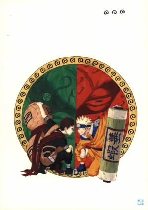 Vue globale du fukusei genga officiel Naruto illustrant le face-à-face symbolique entre Naruto, Gaara, Gamabunta et Shukaku.