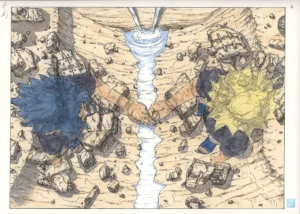 Vue globale du fukusei genga officiel Naruto illustrant Naruto et Sasuke épuisés et réconciliés après leur ultime combat à la Vallée de la Fin.