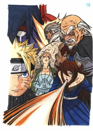 Vue d'ensemble du fukusei genga officiel Naruto illustrant Naruto et les 5 Kage affrontant le Susanoo de Madara Uchiwa.