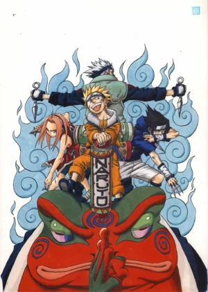 Vue globale du fukusei genga officiel Naruto illustrant l'Équipe 7 avec Kakashi, Naruto, Sasuke et Sakura juchés sur le crapaud géant Gamabunta.